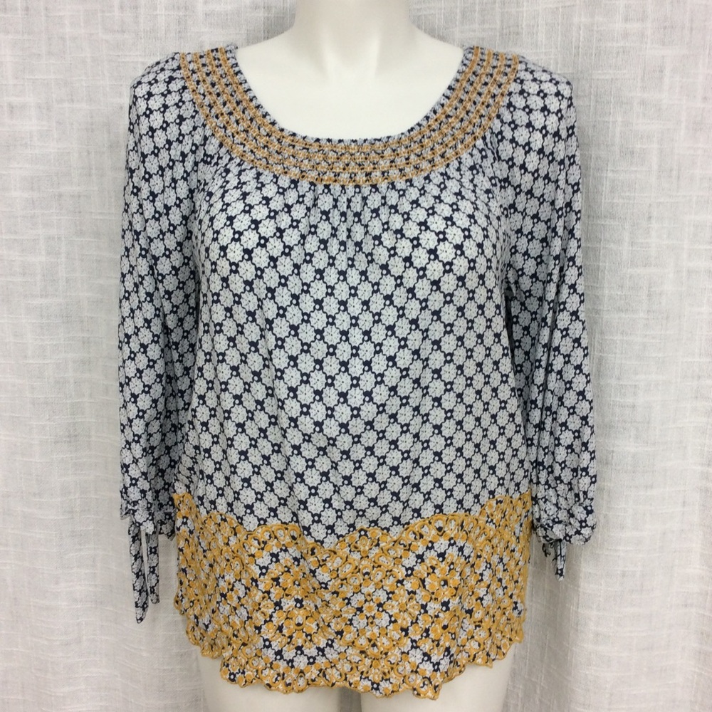 Fever Smocked Large 3/4 Sleeves Embroidered Top